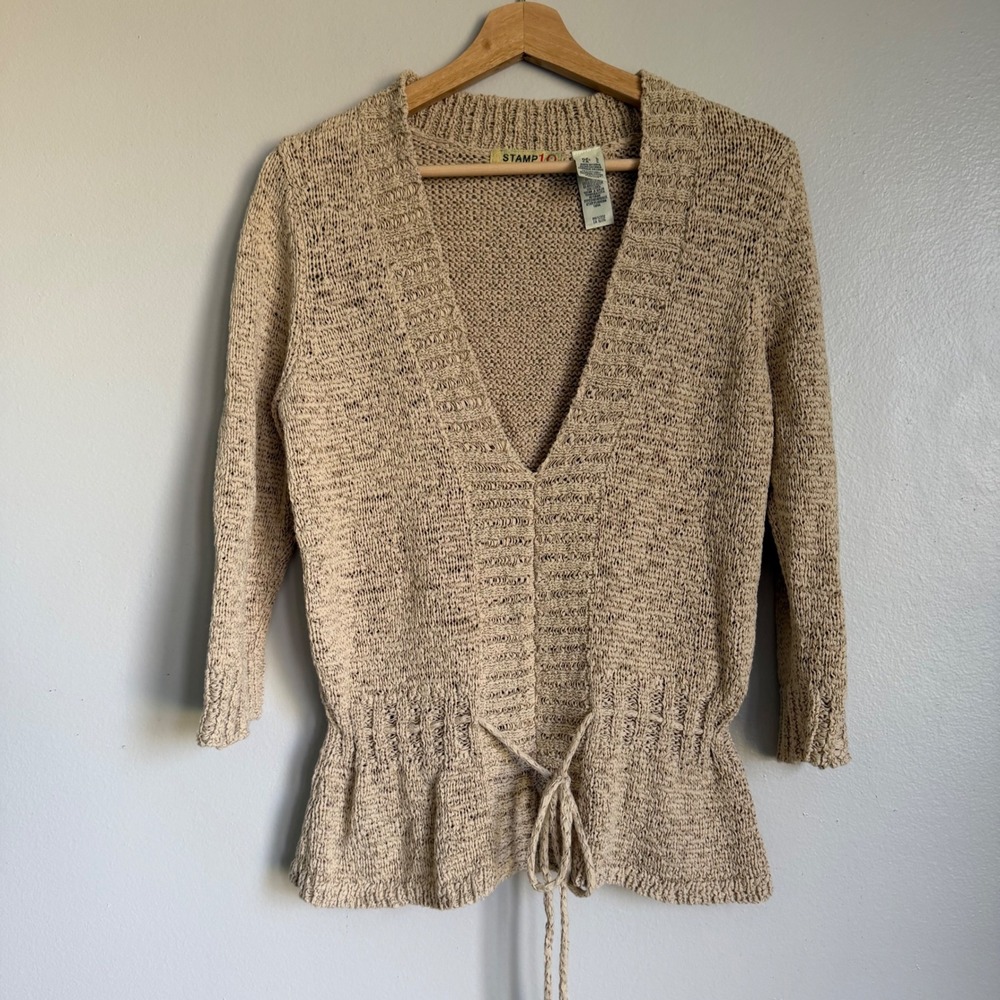 Y2K Stamp 10 Women's L Tan Knit‎ V-Neck Peplum Sweater Beige Drawstring Waist